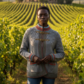 Gray knitted jacket with colorful accents on a mannequin against a gray background