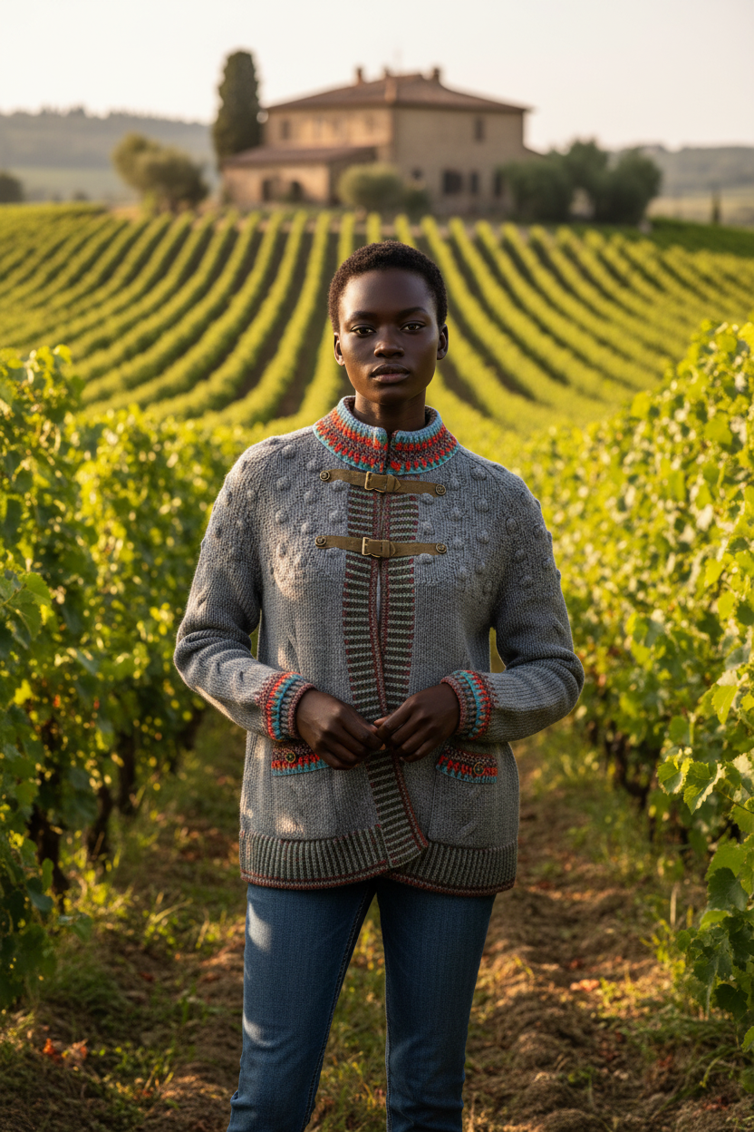 Gray knitted jacket with colorful accents on a mannequin against a gray background