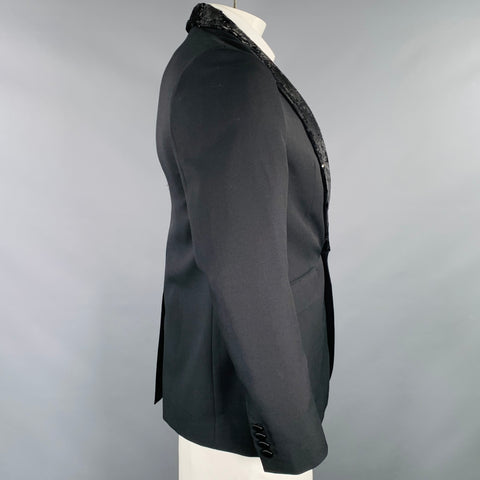 CELINE Size 40 Black Sequined Wool Mohair Shawl Collar Sport Coat