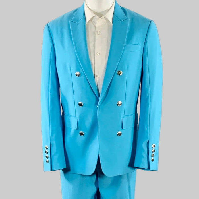BURBERRY Size 38 Aqua Wool Peak Lapel Double Breasted Suit