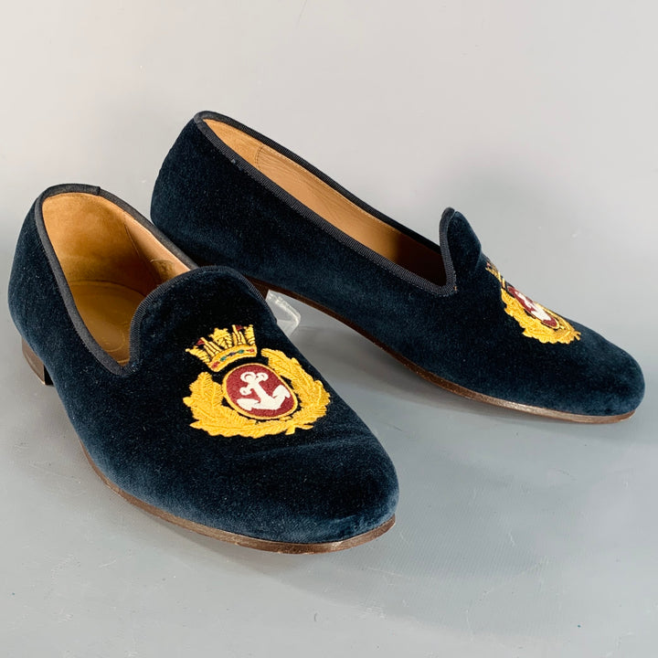 STUBBS & WOOTTON Size 10.5 Royal Anchor Navy Gold Embroidery Velvet Loafers