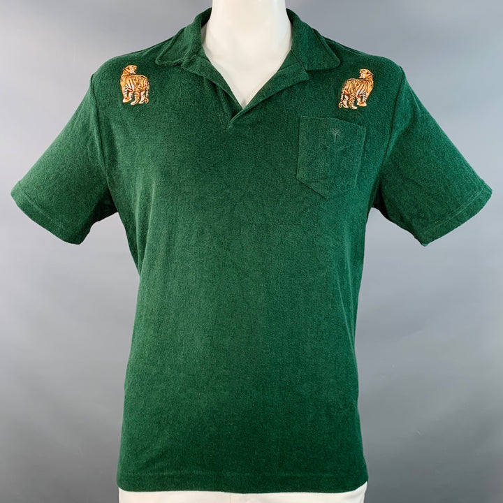OAS Size L Green Orange Tiger Applique Cotton Terry One Pocket Polo