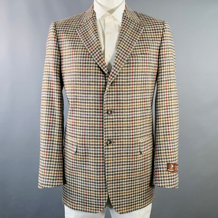 O'CONNELL'S Size 42 Long Beige Red Brown Plaid Virgin Wool Sport Coat