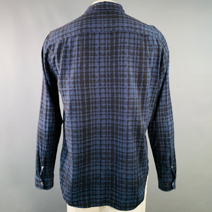 WOOLRICH Size XL Navy Black Plaid Cotton One Pocket Long Sleeve Shirt