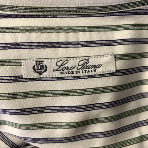 LORO PIANA Size L Green White Blue Stripe Cotton Long Sleeve Shirt