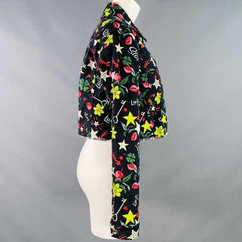 LIU JO Size M Black Multi Color Cotton Blend Print Raw Edge Cropped Jacket