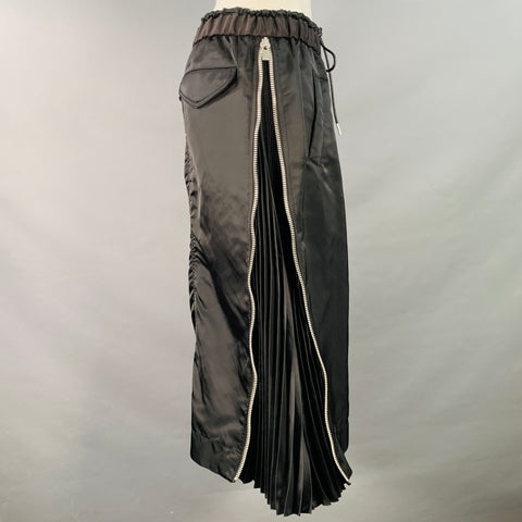 SACAI Size M Black Nylon Blend Pleated Zip Up Drawstring Midi Skirt