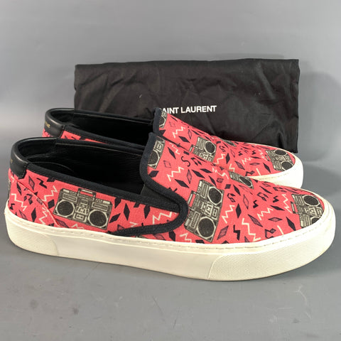 SAINT LAURENT Size 12 Pink Black & Grey Radio Print Slip On Sneakers