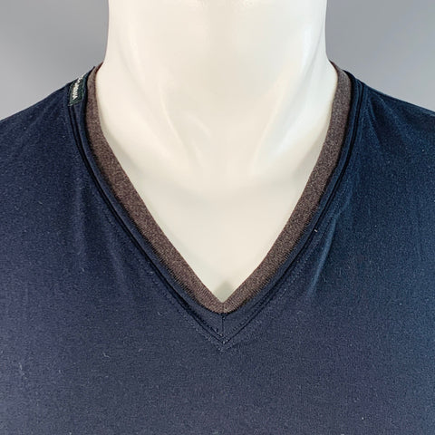 DOLCE & GABBANA Size S Navy Grey Layered Cotton V-Neck T-shirt