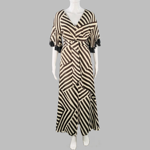 SACHIN & BABI Size 8 Brown Cream Polyester Stripe Short Sleeve Long V-Neck Dress
