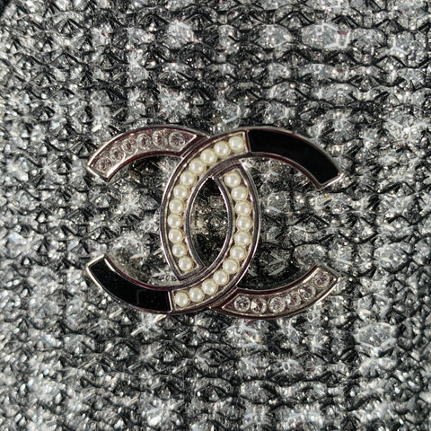 CHANEL Size 8 CC Silver Black Glitter Loafer Flats