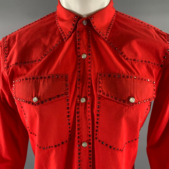 DRIES VAN NOTEN Size M Red Rhinestone Cotton Long Sleeve Shirt