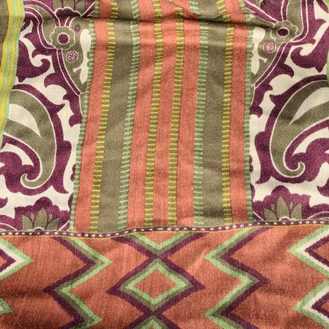 ETRO Green Brick Red Mixed Pattern Wool Blend Scarf