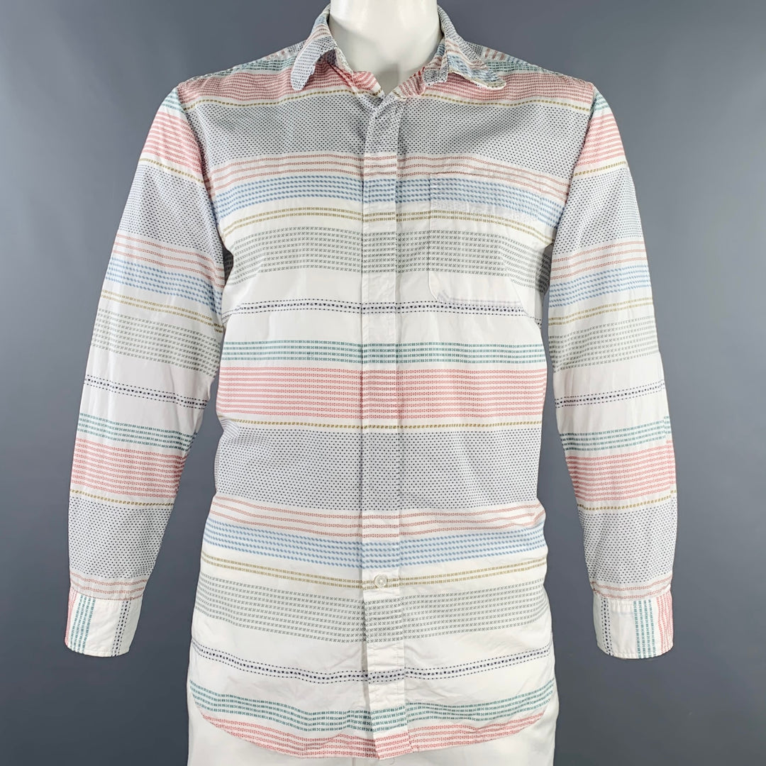 ENGINEERED GARMENTS Size L White Multi Color Stripe Cotton Long Sleeve Shirt