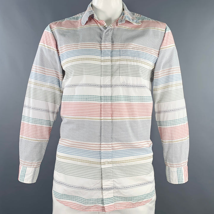 ENGINEERED GARMENTS Size L White Multi Color Stripe Cotton Long Sleeve Shirt