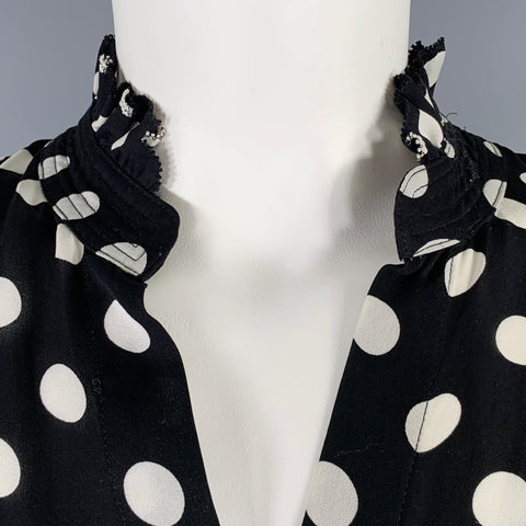 L'AGENCE Size S Black White Silk Polka Dot Open Collar Blouse