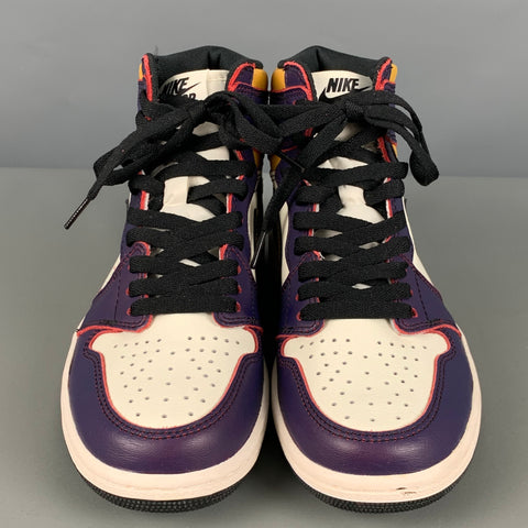 NIKE Size 6Y White Purple Color Block Leather High Top Sneakers