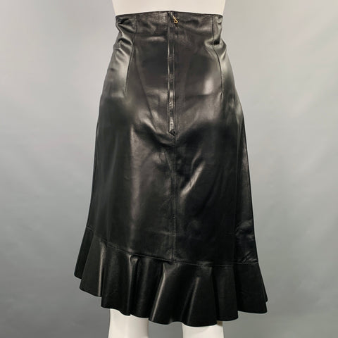 LANVIN 2016 Size M Black Leather Ruffled Lambskin Tulip Knee Length Skirt