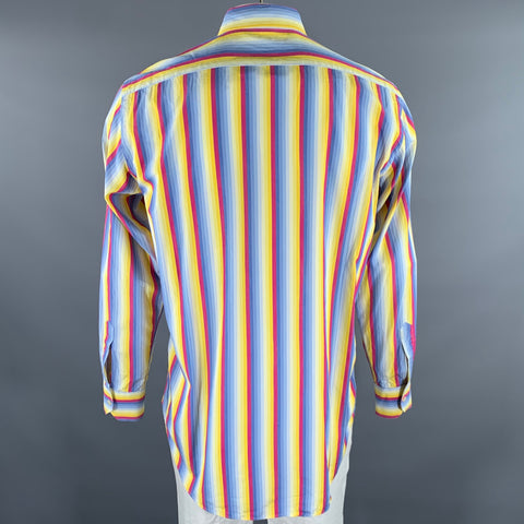 ETRO Size XL Blue Purple Yellow Stripe Cotton Pointed Collar Long Sleeve Shirt
