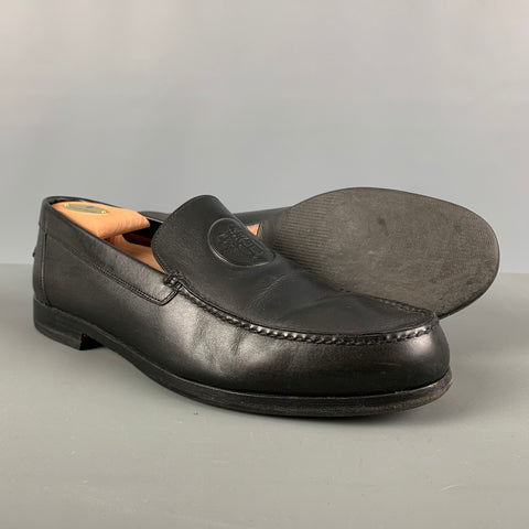 HERMES Size 9.5 H Crest Black Leather Slip On Loafers