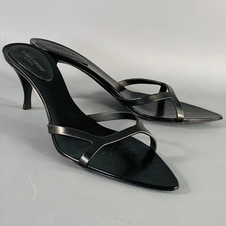 SAINT LAURENT Size 10 Carla Black Leather Pointed Toe Kitten Heel Mules Sandals
