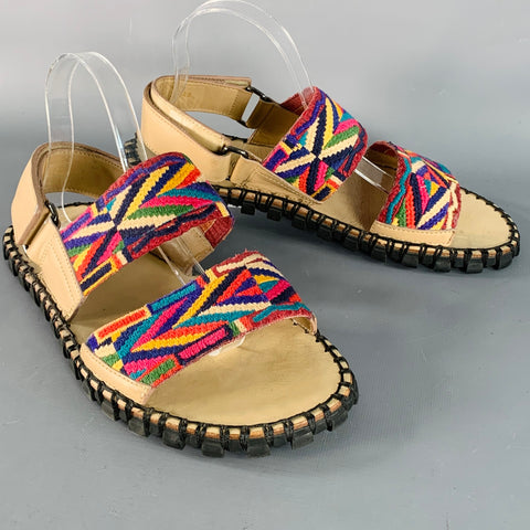 VALENTINO Size 9 Tan Multi Color Embroidery Leather Straps Sandals
