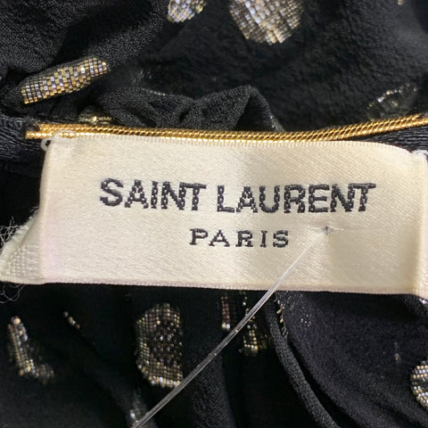 SAINT LAURENT 2018 Black Gold Dots Ruffled Metallic Chiffon Cape Dress Top