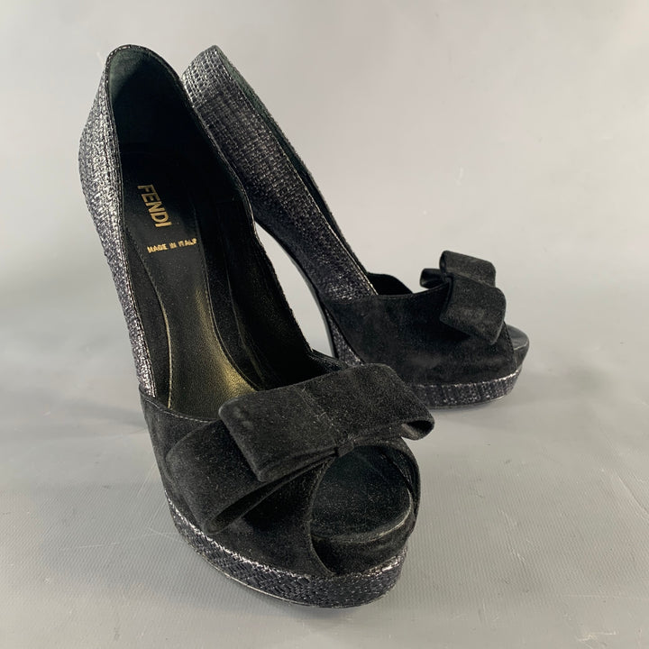 FENDI Size 8.5 Black Raffia Woven Platform Pumps