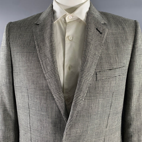 CELINE Size 44 Grey Black Glen Check Wool Linen Notch Lapel Sport Coat