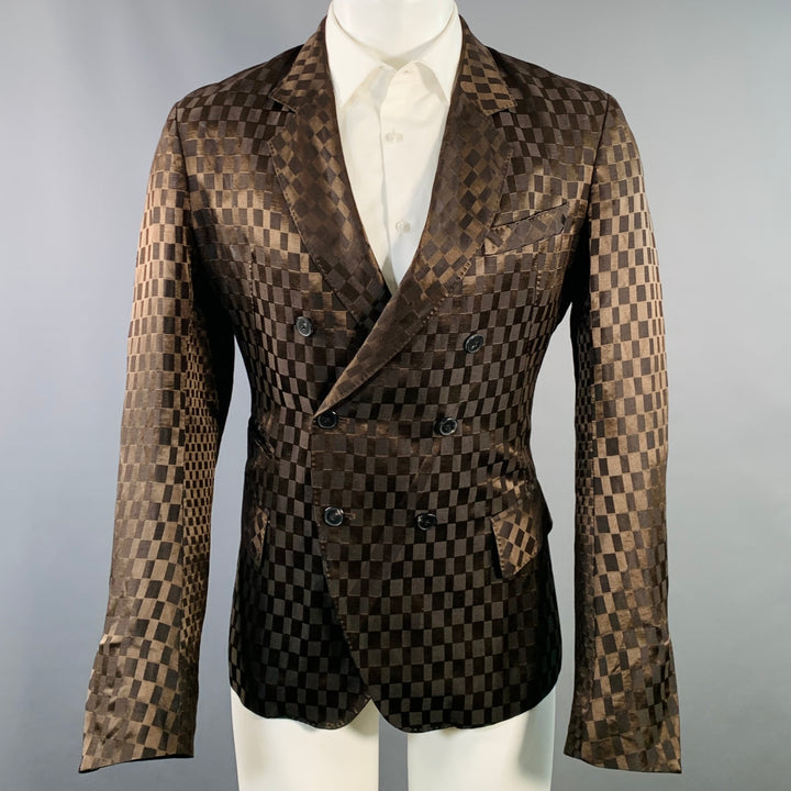 HAIDER ACKERMANN Size 38 Brown Checkered Jacquard Linen Silk Double Breasted Sport Coat