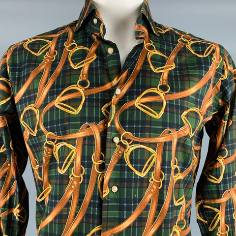 PHINEAS COLE Size L Olive Brown Plaid Equestrian Cotton Long Sleeve Shirt