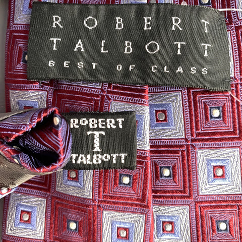 ROBERT TALBOTT Burgundy Silver & Blue Geometric Silk Tie