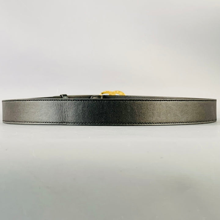 GUCCI Size 36 Black Gold Monogram Leather Belt