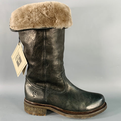 FRYE Size 7 Valerie Black Leather Foldover Shearling Pull On Boots