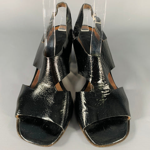 MARNI Size 8 Black Silver Patent Leather Chunky Heel Sandals