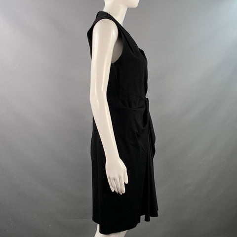 LANVIN 2015 Size 8 Black Linen Blend Ruched Sleeveless V-Neck Dress