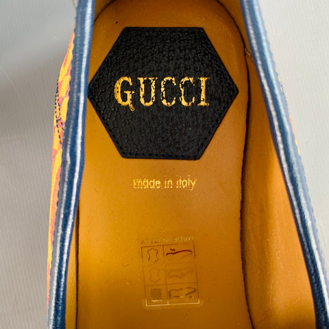 GUCCI Size 7 Orange Blue Coated Canvas Leather GG Print Horsebit Loafers Flats