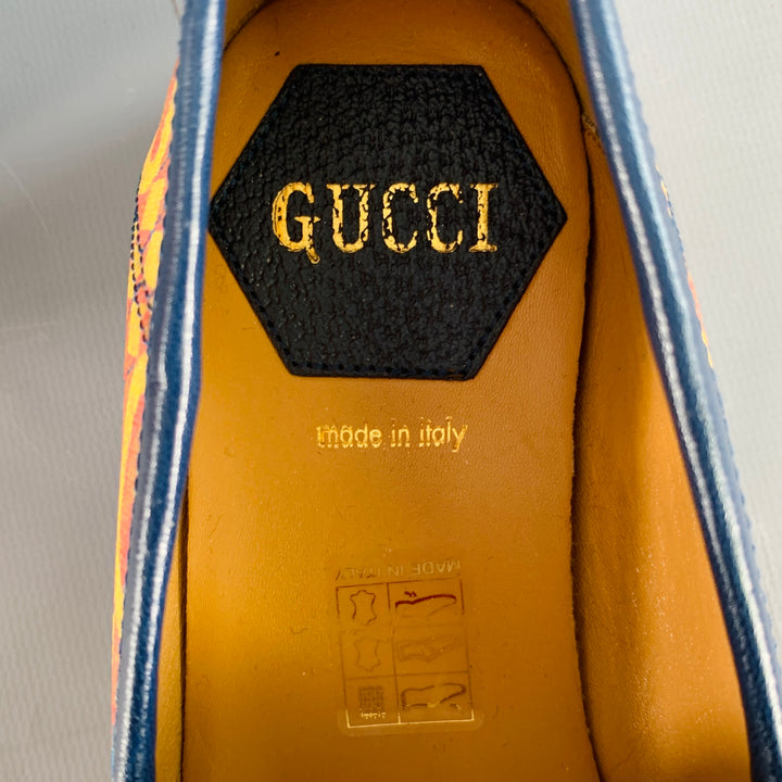 GUCCI Size 7 Orange Blue Coated Canvas Leather GG Print Horsebit Loafers Flats