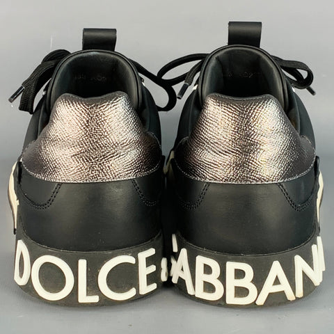 DOLCE & GABBANA Size 10 Black White Silver Logo Leather Sneakers