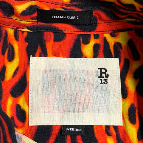 R13 SS20 Size M Orange Yellow Black Flames Viscose One Pocket Short Sleeve Shirt