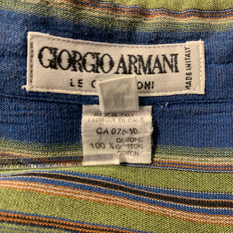 GIORGIO ARMANI Size M Blue Olive Stripe Cotton Short Sleeve Shirt