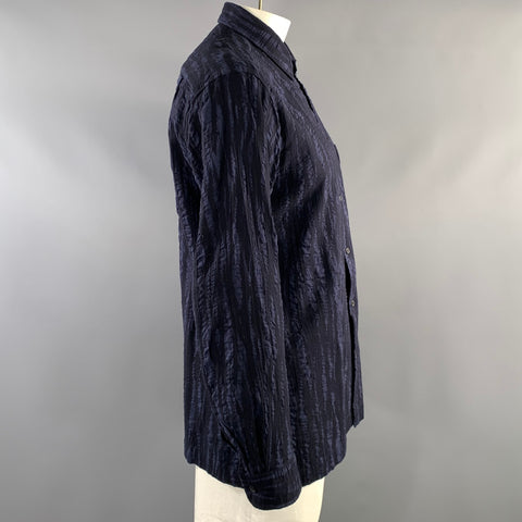 ISSEY MIYAKE Size L Blue Black Stripe Cotton Button Up Long Sleeve Shirt