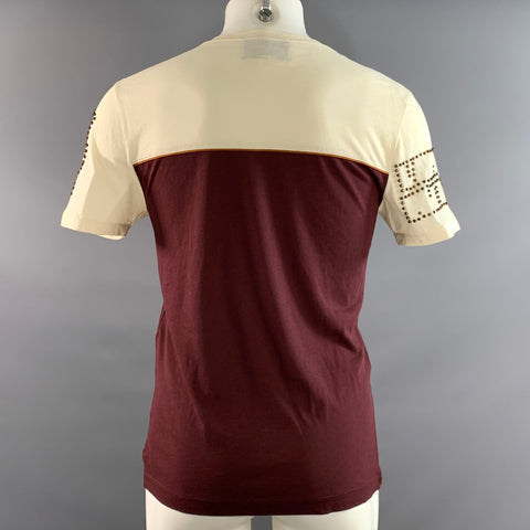 GUCCI Size XS Beige Burgundy Studded Cotton Crew Neck T shirt