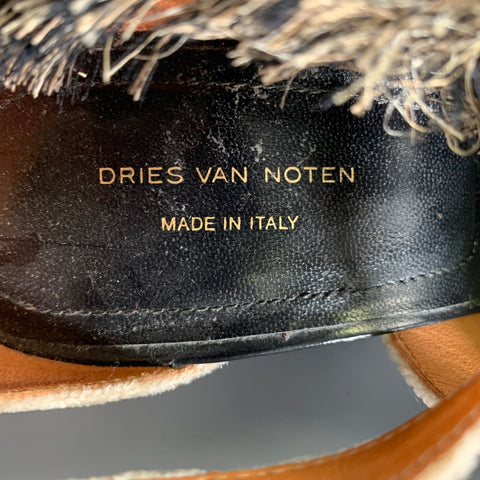 DRIES VAN NOTEN Size 7.5 Tan Black Velvet Fringe Ankle Strap Sandals