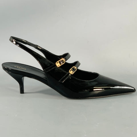 CELINE Size 12 Judy Black Patent Leather Slingback Kitten Heel Pumps