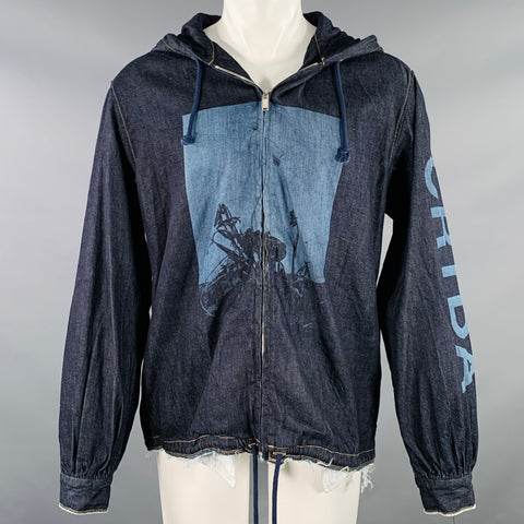 CHRISTIAN DADA Size M Araki Indigo Blue Floral Print Cotton Hooded Jacket