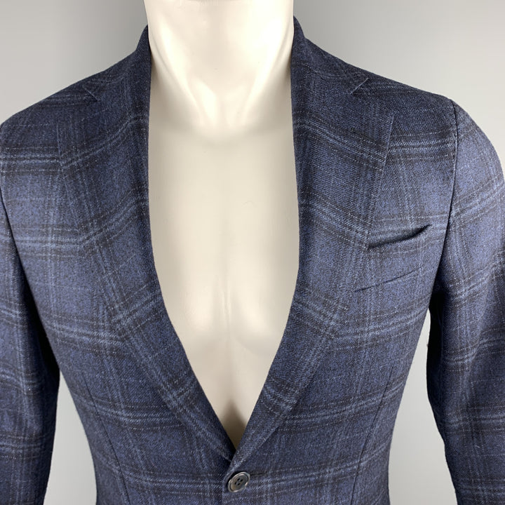 OSCAR JACOBSON Size 36 Navy Plaid Wool Notch Lapel Sport Coat