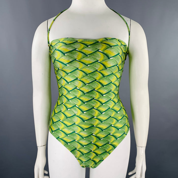 HERMES Size 10 Green Yellow Nylon Blend Woven Halter Swimsuit