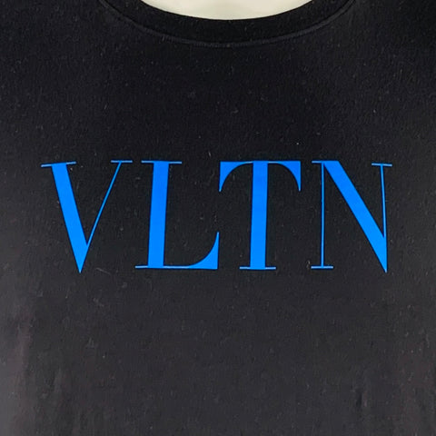 VALENTINO Size L Black Blue Logo Cotton Crew Neck T-shirt