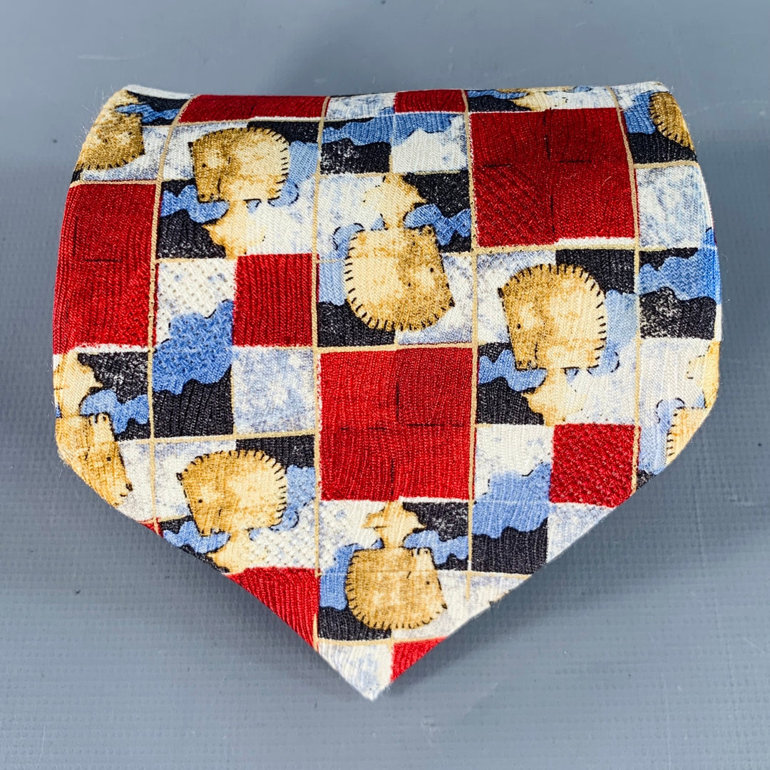 ERMENEGILDO ZEGNA Burgundy Blue Horses Chessboard Squares Silk Tie